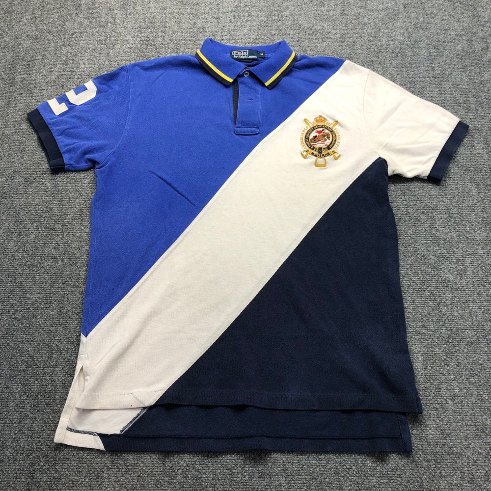 Polo Ralph Lauren Mens Blue White Navy Diagonal Colorblock Crest Polo Shirt M